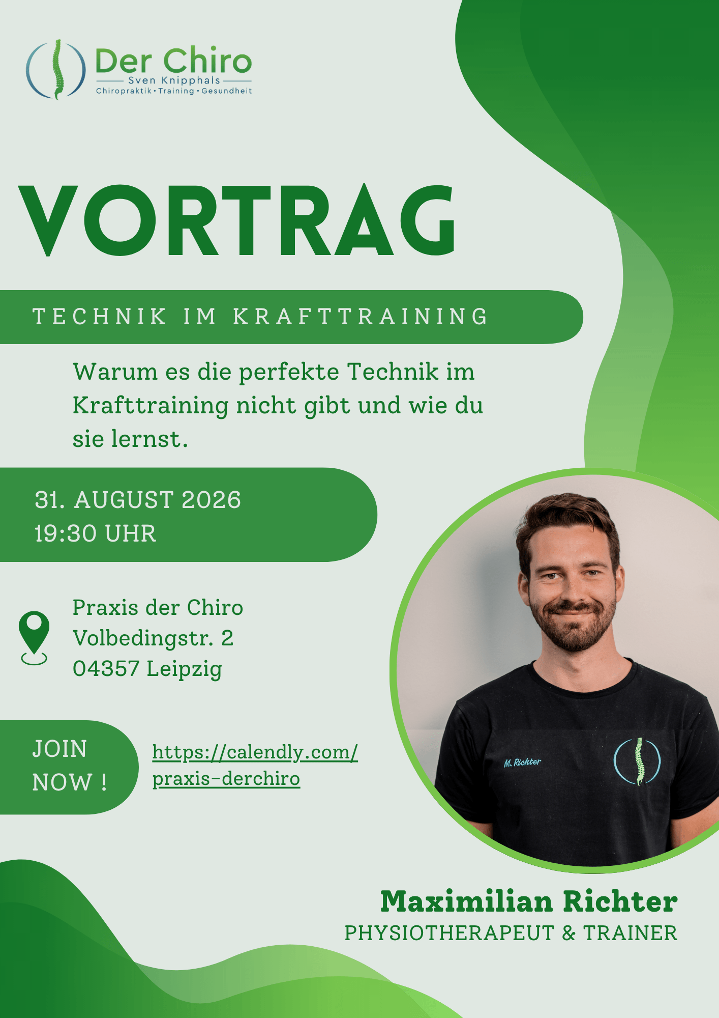 Plakat zum Vortrag „Technik im Krafttraining“ mit Physiotherapeut Maximilian Richter